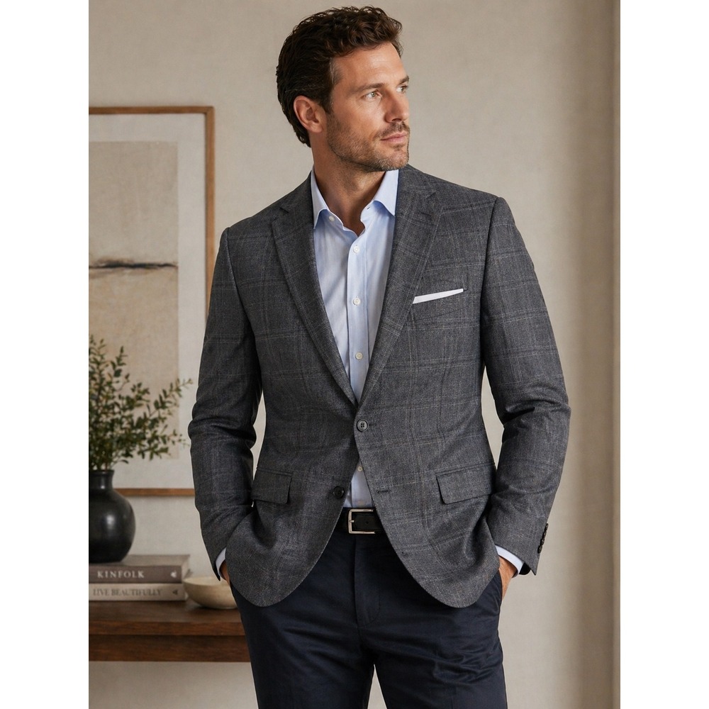 Jack Victor Gray Plaid Windowpane Wool Blazer Sport Coat Canada Menswear SZ 46R